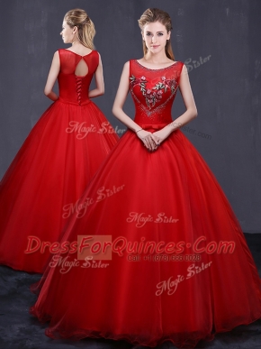 Scoop Red Sleeveless Tulle Lace Up Quince Ball Gowns for Military Ball and Sweet 16 and Quinceanera