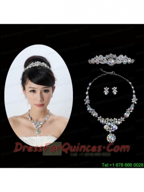 Multi Color Crystal Round Shaped Jewelry Set Including Necklace,Tiara