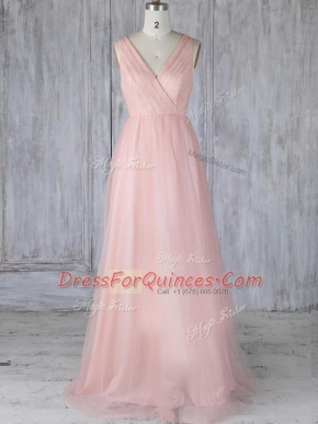 Super V-neck Sleeveless Court Dresses for Sweet 16 Floor Length Lace Baby Pink Tulle