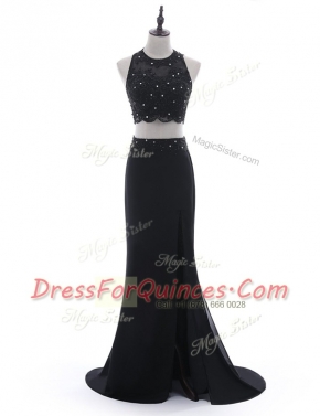 Scoop Black Sleeveless With Train Beading and Lace Side Zipper Dress for Prom