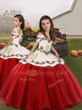 Red Spaghetti Straps Neckline Embroidery Kids Formal Wear Sleeveless Lace Up