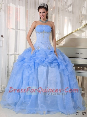 Elegant Baby Blue Ball Gown Strapless Floor-length Organza Beading Quinceanera Dress