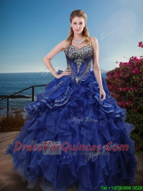 Classical Rhinestoned and Ruffled Sweet 16 Dress in Royal Blue