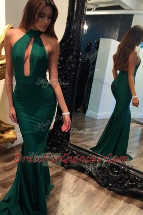 Gorgeous Mermaid Halter Top Sleeveless Elastic Woven Satin Sweep Train Backless Dress for Prom in Green with Ruching