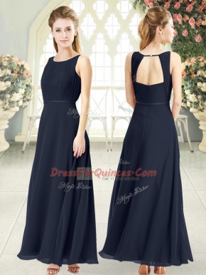 Black Sleeveless Ankle Length Ruching Zipper Prom Evening Gown