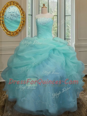 Popular Sleeveless Floor Length Embroidery and Pick Ups Lace Up Quinceanera Gown with Aqua Blue