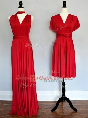 Dramatic Red Chiffon Lace Up Dama Dress for Quinceanera Sleeveless Floor Length Ruching