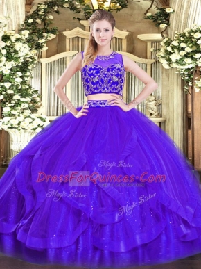 Elegant Purple Two Pieces Tulle Scoop Sleeveless Beading and Ruffles Floor Length Zipper Sweet 16 Dresses