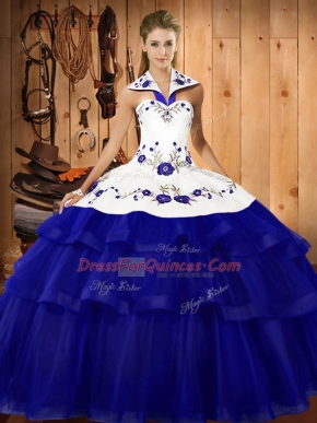Royal Blue Sweet 16 Dress Halter Top Sleeveless Sweep Train Lace Up