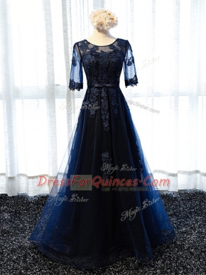 Pretty Half Sleeves Floor Length Lace and Appliques Lace Up Prom Dress with Navy Blue