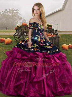 Elegant Organza Off The Shoulder Sleeveless Lace Up Embroidery and Ruffles 15th Birthday Dress in Fuchsia