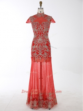 Red Mermaid Beading and Appliques Prom Party Dress Backless Chiffon Cap Sleeves Floor Length