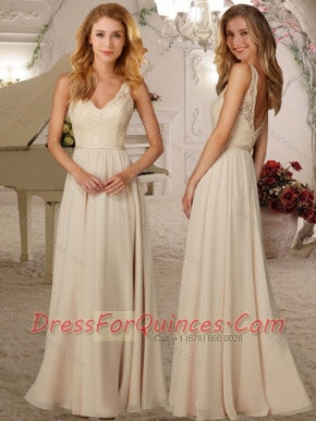 Classical Deep V Neck Champagne Dama Dress with Lace and Beading