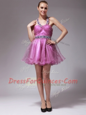 Halter Top Sleeveless Organza Mini Length Zipper Evening Dress in Rose Pink with Beading