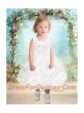 Formal Ball Gown Hand Made Flowers Tea-length Flower Girl Dress with Scoop
