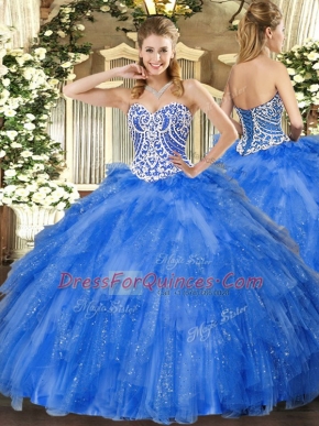 Ball Gowns Vestidos de Quinceanera Blue Sweetheart Tulle Sleeveless Floor Length Lace Up