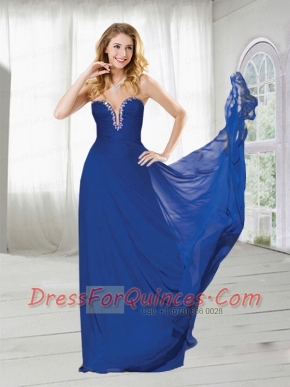 Beaded Plunging Neckline Chiffon Dama Dress in Royal Blue