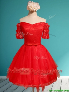 Comfortable Off the Shoulder Short Sleeves Red Dama Dresses with Appliques and Belt