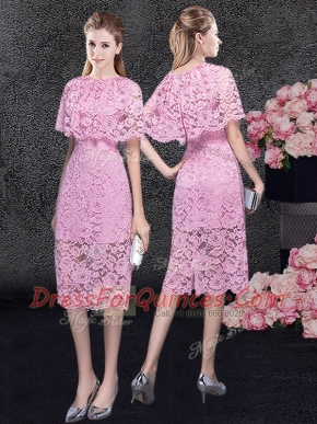 Great Lace Knee Length Pink Prom Dress Scoop Half Sleeves Zipper