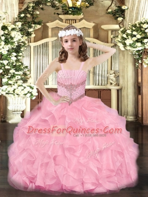 Trendy Rose Pink Ball Gowns Organza Straps Sleeveless Beading and Ruffles Floor Length Zipper Little Girls Pageant Dress