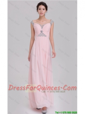 Elegant Empire Off The Shoulder Cap Sleeves Pink Prom Dresses with Beading