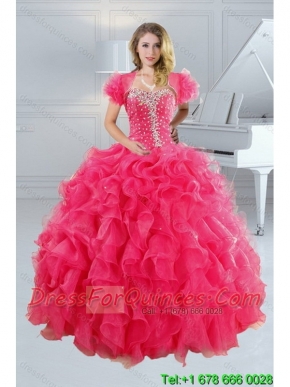 2015 Unique Hot Pink Quince Dresses with Ruffles and Beading