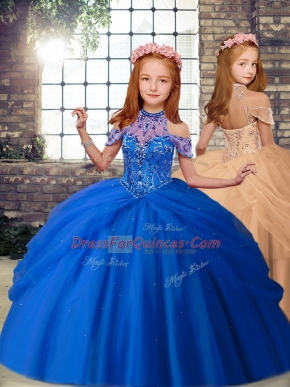High Quality Blue and Peach Sleeveless Beading Floor Length Little Girl Pageant Gowns