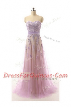 High Class Lilac Empire Sweetheart Sleeveless Organza Brush Train Zipper Lace and Appliques and Belt Prom Dresses