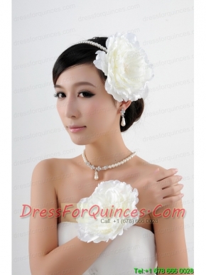 Pearls and Flowers Necklace Earrings Headpiece Jewelry Set