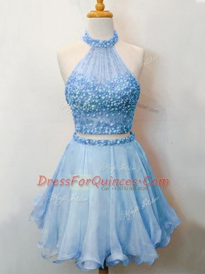 Stylish Halter Top Sleeveless Lace Up Quinceanera Court Dresses Blue Organza