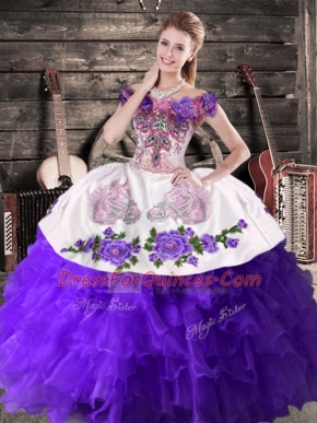 Excellent Purple Organza Lace Up Off The Shoulder Sleeveless Floor Length 15th Birthday Dress Embroidery and Ruffles