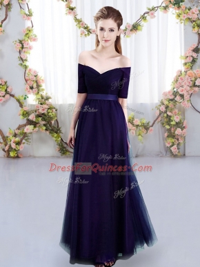 Sweet Purple Lace Up Off The Shoulder Ruching Quinceanera Court of Honor Dress Tulle Short Sleeves