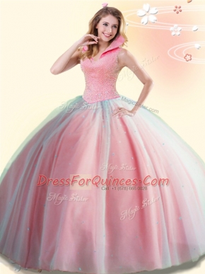 High Quality Sleeveless Floor Length Beading Backless Sweet 16 Quinceanera Dress with Watermelon Red
