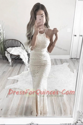 Great Halter Top White Mermaid Lace Dress for Prom Zipper Lace Sleeveless Floor Length