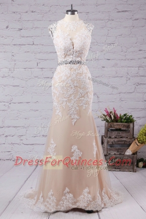 Scoop Champagne Mermaid Beading and Appliques Prom Dresses Backless Tulle Sleeveless With Train