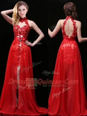 Halter Top Sleeveless Brush Train Backless Evening Dress Coral Red Chiffon and Lace