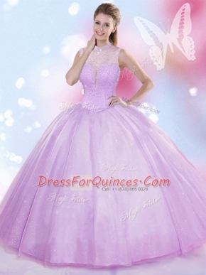 Extravagant Sleeveless Tulle Floor Length Lace Up Quinceanera Gowns in Lavender with Beading