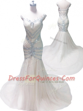 Graceful Mermaid Straps Sleeveless Tulle With Train Court Train Zipper Prom Gown in White with Beading