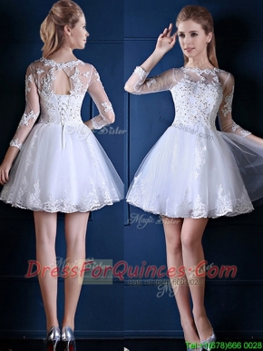 New See Through Scoop Three Fourth Length Sleeves Short Prom Dresses in White