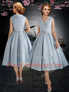 Graceful Taffeta Sleeveless Tea Length Prom Gown and Belt