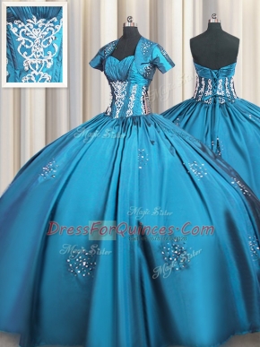 Inexpensive Teal Ball Gowns Sweetheart Short Sleeves Taffeta Floor Length Lace Up Beading and Appliques and Ruching 15th Birthday Dress