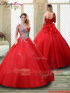 Classical One Shoulder Quinceanera Dresses with Beading in Red