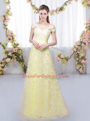 Captivating Light Yellow Off The Shoulder Neckline Appliques Dama Dress for Quinceanera Cap Sleeves Lace Up