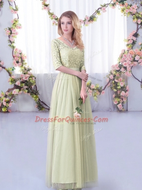 Superior Yellow Green Side Zipper V-neck Lace and Belt Quinceanera Court Dresses Tulle Half Sleeves