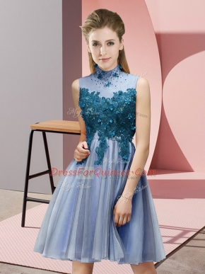 Blue Lace Up High-neck Appliques Court Dresses for Sweet 16 Tulle Sleeveless