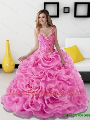 2015 Gorgeous Beading and Rolling Flowers Rose Pink Sweet 15 Dresses