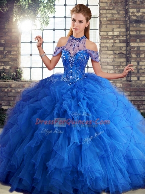 Customized Halter Top Sleeveless Lace Up 15 Quinceanera Dress Royal Blue Tulle