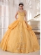 Gold Ball Gown Spaghetti Straps Floor-length Taffeta and Organza Appliques Quinceanera Dress