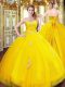 Gold Quinceanera Gown Military Ball and Sweet 16 and Quinceanera with Beading and Appliques Sweetheart Sleeveless Lace Up