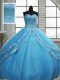 Customized Baby Blue Tulle Lace Up Sweetheart Sleeveless Floor Length Quince Ball Gowns Beading and Appliques and Sequins
